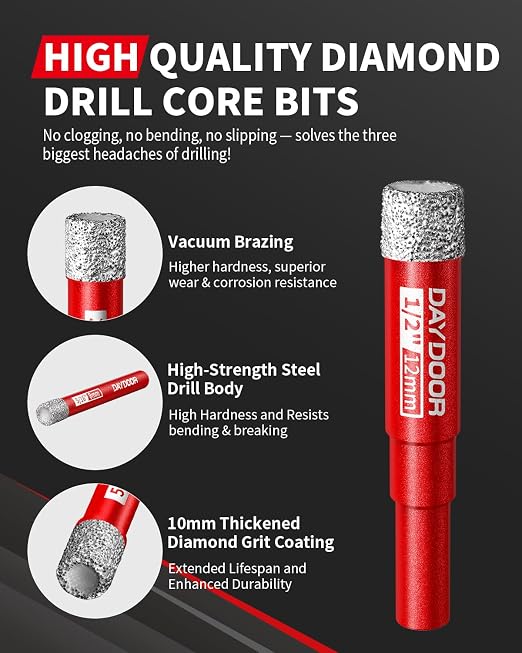 DAYDOOR Dry Diamond Drill Bits Set, 3/16" 1/4" 5/16" 3/8" 1/2" Diamond Hole Saw Kit for Porcelain Tile Ceramic Glass Marble Granite, Tile Drill Bits with Cooling Wax, Round Shank (12-Piece)