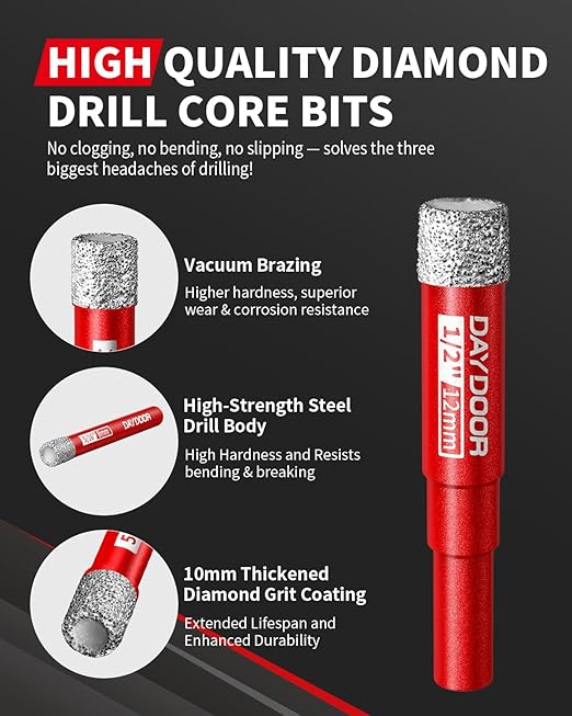 DAYDOOR Dry Diamond Drill Bits Set, 3/16" 1/4" 5/16" 3/8" 1/2" 5/8" Diamond Hole Saw Kit for Porcelain Tile Ceramic Glass Marble Granite, Tile Drill Bits with Cooling Wax, Round Shank (7-Piece)