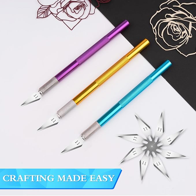 JETMORE Exacto Knife Set, 3 Exacto Knives with 30#11 Extra Exacto Knife Blades, Craft Knife, Hobby Knife, Precision Knife, Exacto Knife Set for Crafts, Arts, Modeling, Scrapbooking (Purple-Gold-Blue)