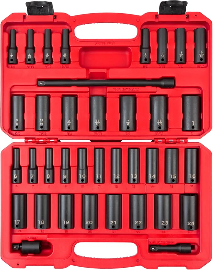 TEKTON 3/8 Inch Drive Deep 6-Point Impact Socket Set, 37-Piece (1/4-1 in., 6-24 mm) | SID91403 | (1/4 - 1 in., 6 - 24 mm), Deep, 6-Point, Case