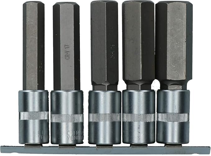 5pc 1/2" Drive 14-24mm Hex Bits Socket Set 100mm Long Deep Reach on Rail CrV