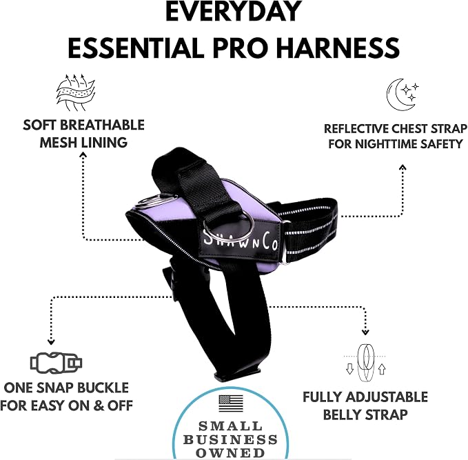 ShawnCo Essential Pro Dog Harness, No-Pull Pet Vest with 3 Leash Clips and Removable, Reflective Side Patches, Adjustable and Padded Harness for Small, Medium and Large Dogs (ICY Lilac, L)