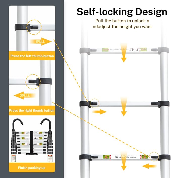 RIKADE Telescopic Ladder, 8.5 ft Aluminum Telescoping Ladder with Non-Slip Feet and Stable Hook, Portable Extension Ladder for Household and Outdoor Working, Max Load 330 lb, Aluminum