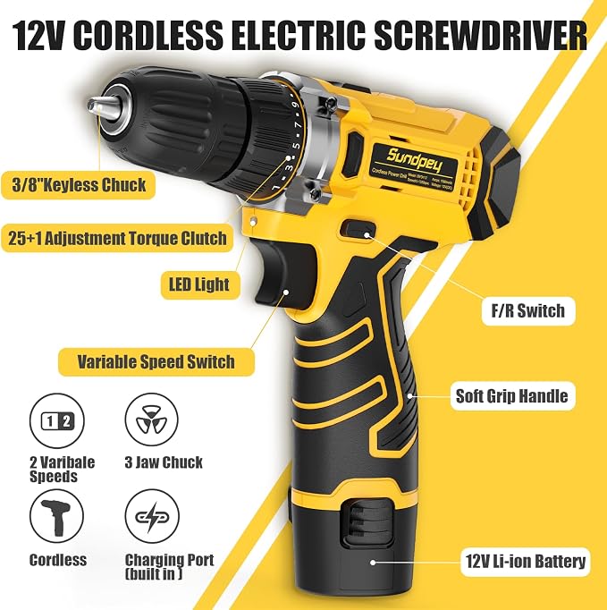 Sundpey 166-PC Small Basic Home Tool Kit Set with 12V Cordless Drill & Case