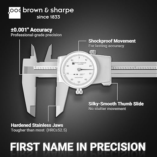 Brown & Sharpe 12-Inch Dial Caliper, Precision Measuring Tool with White High-Contrast Dial,Shock-Protected Stainless Steel Construction, Smooth Slider and Lockting Screw, for Machining & Inspection