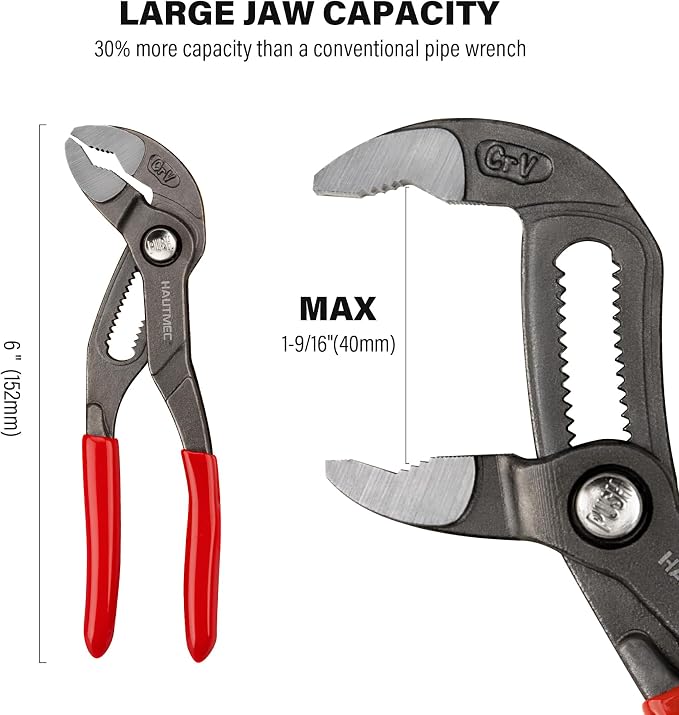 HAUTMEC 6-Inch Water Pump Pliers, Fast Adjustable Tongue and Groove Joint Pliers, V-Jaw with Comfort Grips, Rust-Proof CRV Steel Construction for Plumbing, Home Repair, and Pipe Fittings