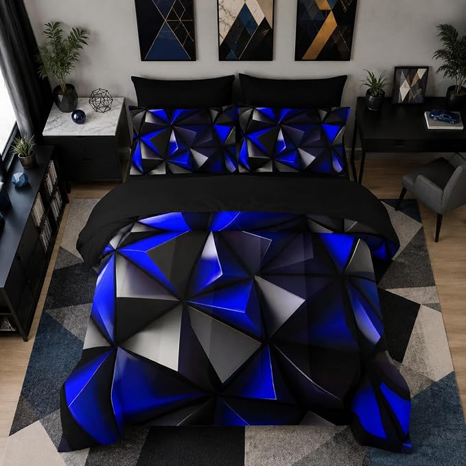 Geometric Full Comforter Set,Blue Black Honeycomb Bedding Set 7 Piece with Comforter Fitted Sheet Flat Sheet Pillowcases,Bed Sets Geometry Decor,Microfiber Lightweight All Season.