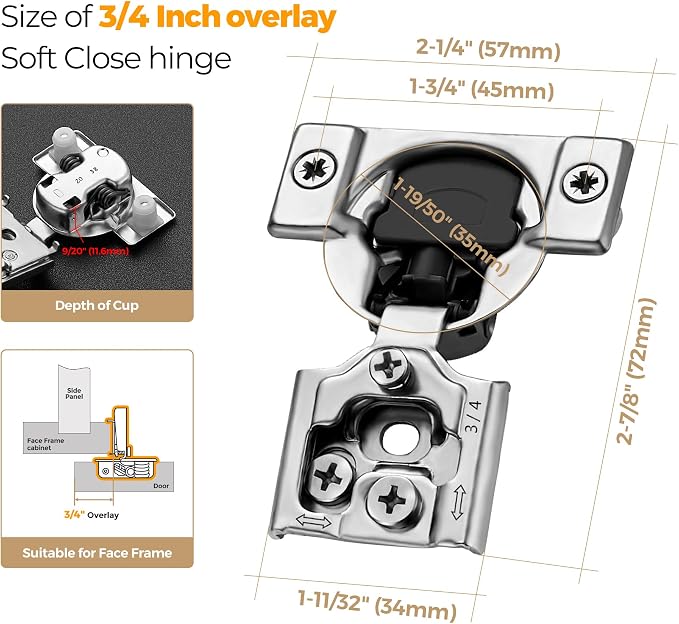 Ravinte 50 Pack 25 Pair 3/4 inch Overlay Soft Close Kitchen Cabinet Hinges Stainless Steel Adjustable Kitchen Hinges Satin Nickel Cabinet Hardware