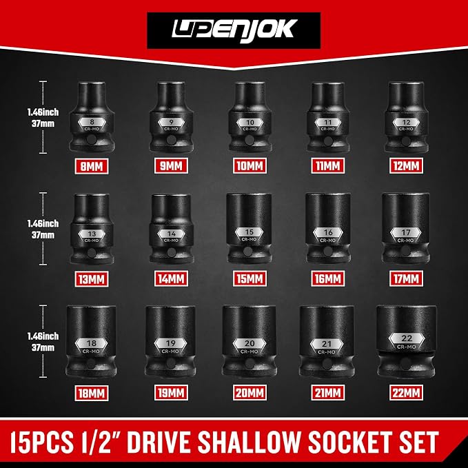 15-Piece 1/2" Drive Shallow Impact Socket Set, Metric Size (8-22mm) 12-Point Socket Set, CR-MO Steel for Automotive & DIY