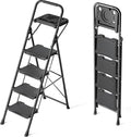 KINGRACK 4 Step Ladder with Tool Platform, Sturdy Step Stool, Anti-Slip Wide Pedals, Handrail, Foldable Step Ladder, Pass 900LBS Testing, Multi-Use for Home, Garage, Garden, Painting, Black