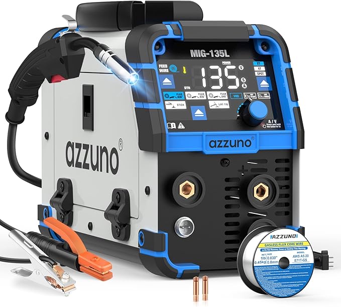 AZZUNO 135A MIG Welder 110V, 3-in-1 Welding Machine with Gasless Flux Core MIG/Lift TIG/Stick Welding, Wire Feed Welder with Synergic Control, Portable Flux Core Welder for Home DIY & Repair