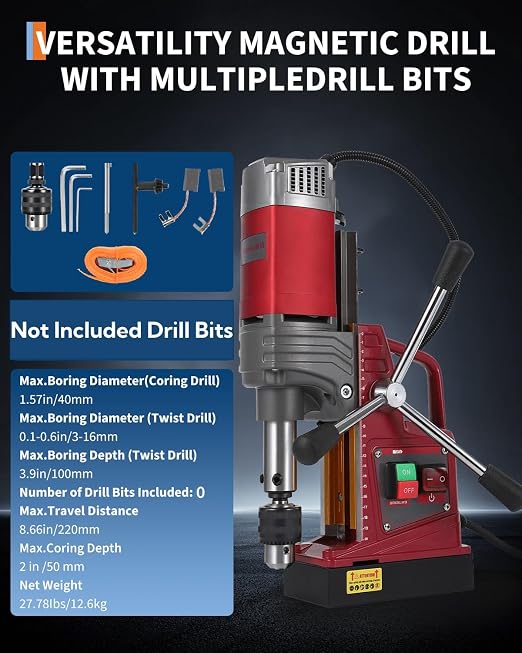 Portable Magnetic Drill Press with Adapter, 1.57" Boring Diameter, 1450W, 820RPM, 13000N, Double Dovetail Guide Electric Mag Drill Kits for Drilling in Metal, Steel, Iron