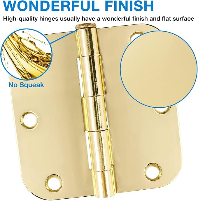 Door Hinges Polished Brass 3.5 Inch Door Hinges Gold 6 Pack 5/8" Radius Corners 3-1/2 Interior Door Hinge for Doors Bedroom Yellow Shiny Luxury Residential Door Hardware Bright Brass Hinge JIW
