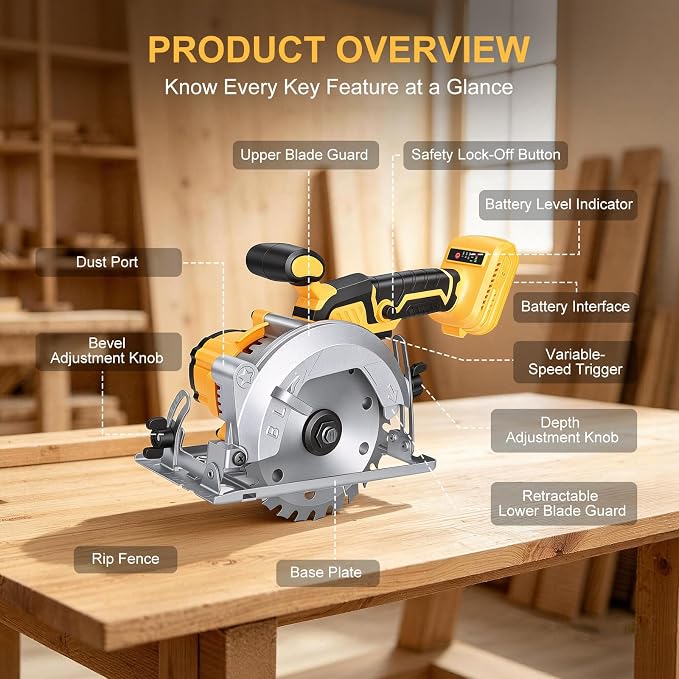 5.5-Inch Cordless Circular Saw Compatible with DeWalt 20V Battery (Tool Only, No Battery), 7200 RPM Brushless Power Saw, 0-45° Bevel, 1.7" Max Cutting Depth for Wood, Plastic & PVC