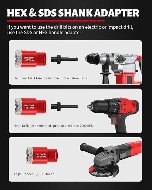 DAYDOOR Diamond Hole Saw Kit, 8-Piece Tile Hole Saw Kit 1/4" 5/16" 3/8" 1/2" 4/5" 1-3/8", Vacuum Brazed Core Drill Bits for Porcelain Tile, Granite, Marble, Stone(Red)