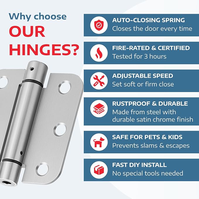 A1 ProGuard - Self Closing Spring Loaded Hinges, 3.5 Inch, Adjustable Tension for Garage, Front, Back Door, Door Closer Hinge, UL Listed, Left/Right Hand, 5/8'' Radius Corners, Brushed Nickel, 2 Pack