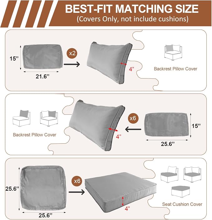 14 Piece Outdoor Patio Cushion Covers Replacement, Waterproof Outdoor Furniture Cushion Covers, Fit 7 Pcs 6 Seater Wicker Rattan Conversation Sofa Set,Light Gray(Only Cover) 25.6x25.6
