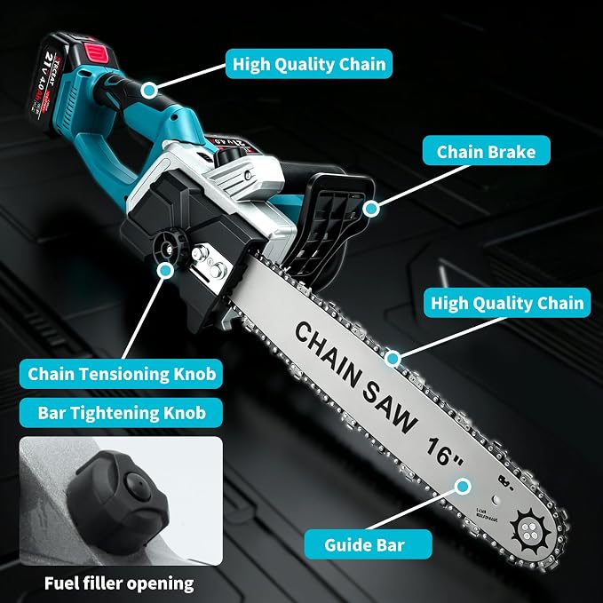 16" Brushless Chainsaw, 21V Cordless Chainsaw with 4 x 4.0Ah Battery, Electric Motosierra De Gasolina with 2 x Chains & Guide Plate, Eléctrica Rechargeable Saw for Wood Cutting Trimming Branch (Blue)