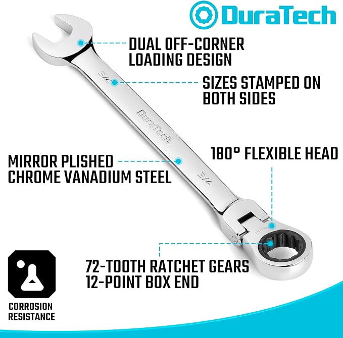 DURATECH Flex Head Ratcheting Wrench Set, 22-piece, Metric & SAE | Combination Wrench Set, 1/4" to 3/4" & 6-18mm, CR-V Steel, Mirror Polished, With Pouch