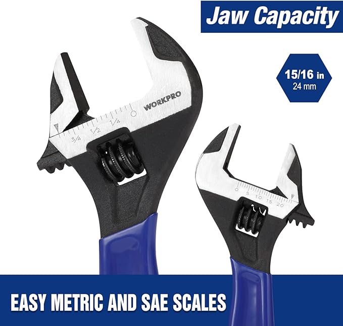 WORKPRO 6-Inch Compact Adjustable Wrench, Wide Jaw Cr-V Steel Black Oxide Finish, for Medium-Duty Use (M6–M16 Bolts), Metric & SAE Scales, for Home, Garage, DIY & Light Workshop Applications