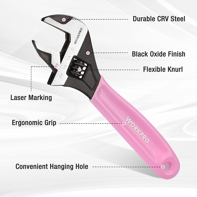 WORKPRO 2 PCS Pink Adjustable Wrench Set, 6-Inch & 10-Inch Wrenches, Wide Jaw Black Oxide Wrench, Metric & SAE Scales, Cr-V Steel, for Home, Garage, Workshop-Pink Ribbon