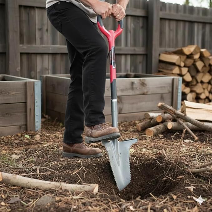 Root Slayer 22011 Garden Shovel with Serrated Blade for Digging and Root Cutting, Heavy Duty Steel Spade, Red