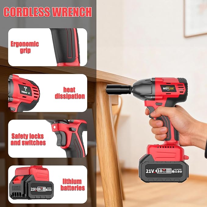 4.0Ah Battery Cordless Impact Wrench, Brushless 1/2 Impact Gun, 320Ft-lbs(430N.m) 20V High Torque Power Impact Driver, Electric Impact for Car Home, Red