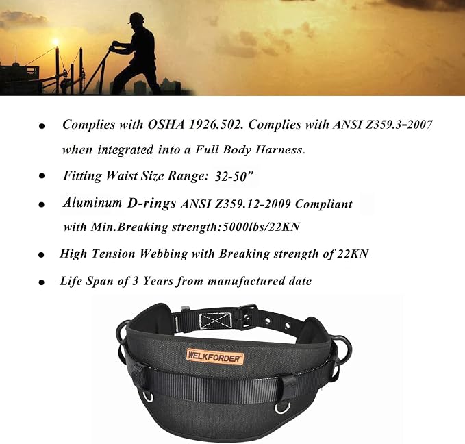 Tongue Buckle Body Belt (Aluminum Hardware) With Hot-Pressing Waist Pad and 2 Aluminum Side D-Rings Personal Protective Equipment | Waist Fitting Size 32'' to 50''