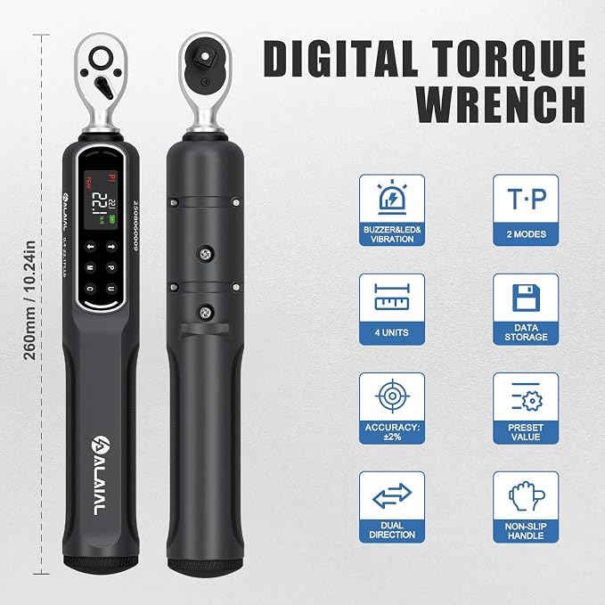 Digital Torque Wrench 1/4 Drive, 0.4-22.1 Ft.Lb ±2% Accuracy | LED Display, Buzzer&Vibration Alert, 2 Modes, 10 Presets&500 Data Logs, for Lug Nuts, Automotive, Motorcycle Repair