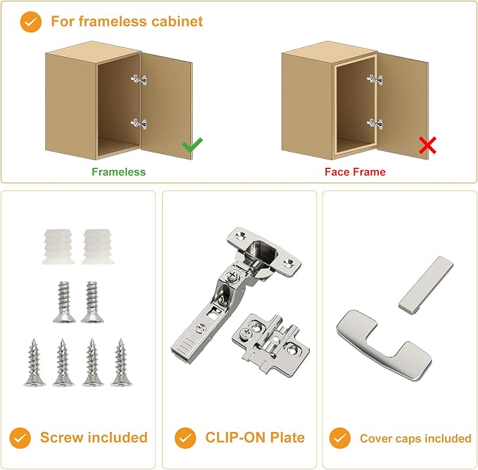 Chibery 50 Pack Frameless Inset Soft Close Concealed European Hinges, Self Closing Satin Nickel, 105 ° Open Angle 4D Adjustment, Speed Control, Clip On, Stainless Steel for Cabinet Door