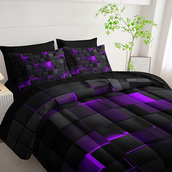 Nttopship Geometric Violet Black Twin Comforter Set,Light Honeycomb Bedding Set 7 Piece in A Bag,Bed Sheet Set Geometry Decor,Microfiber Lightweight All Season
