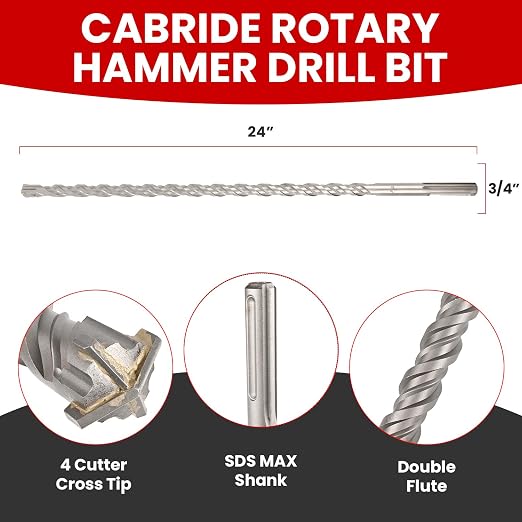 3/4" X 24 in SDS MAX Bits, Rotary Hammer, Carbide, Masonry Drill Bits for Concrete, Stone and Brick, SDS MAX Hammer Double Flute, Concrete Drill Bit