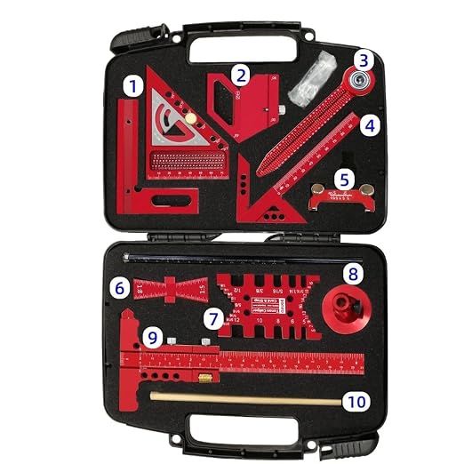 Woodworking Measuring Tools with Box, Aluminum Scribeing Ruler, Multi-Purpose Marking Ruler, Precision Layout Measuring Tool Carpentry Square Kits for Engineer Carpenter (10pcs with Box)