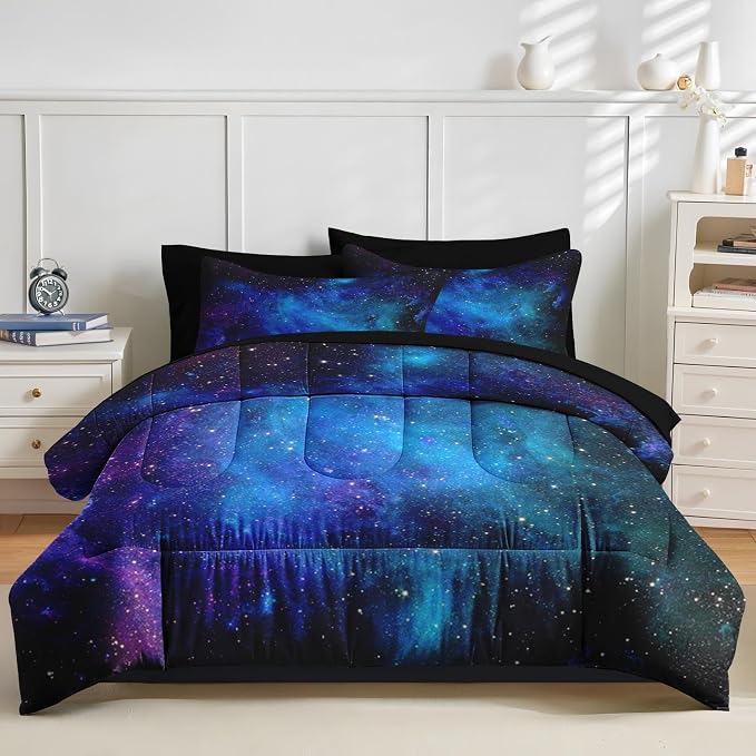 Nesker Comforter Set King Size, Galaxy Retro Star 7 Pcs Bedding for Kids and Adults, Space Science Night Sky Bed Sheet Sets with Fitted Sheet 2 Pillowcases & 2 Shams