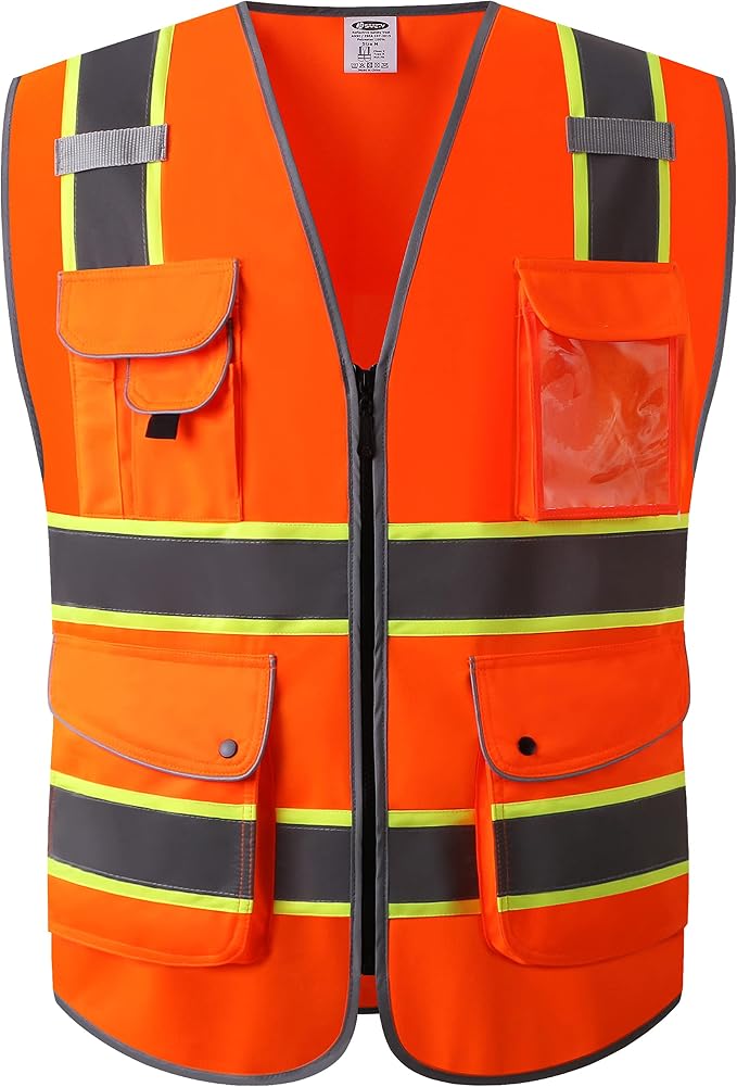 JKSafety 9 Pockets High Visibility Zipper Front Safety Vest | Orange with Dual Tone High Reflective Strips | Meets ANSI/ISEA Standards (901-Orange, Large)