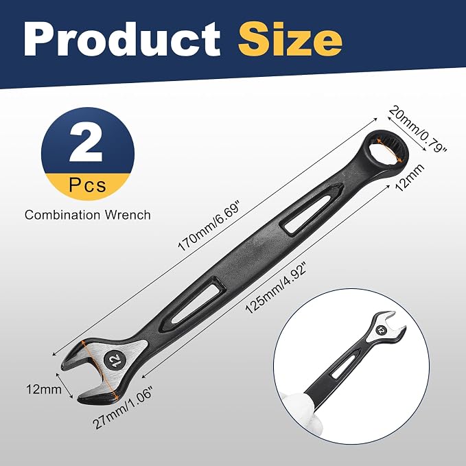 HARFINGTON 2pcs Combination Wrench 12mm Metric Extra Long 12-Point Box and Open End Carbon Steel Double Ended Industrial Grade Spanner for Automotive Furniture Machinery DIY Repair, Black