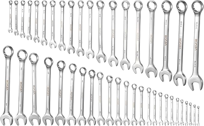 VEVOR Combination Wrench Set, 44-Piece SAE and Metric | 12-Point Box End and 15° Angled Open End, with Roll Up Pouch, General Household and Automotive Repairs