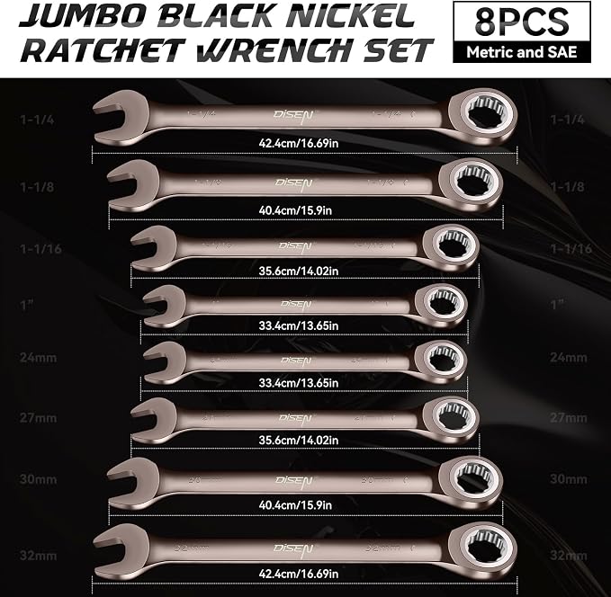 DISEN 8pcs Large Wrench Set Nickel Plating Jumbo Ratcheting Wrench Set | Metric & SAE Combination Wrench Set with Rolling Pouch 24,27,30,32mm & 1'',1-1/16'',1-1/8'',1-1/4'' CR-V Steel Father's Gift