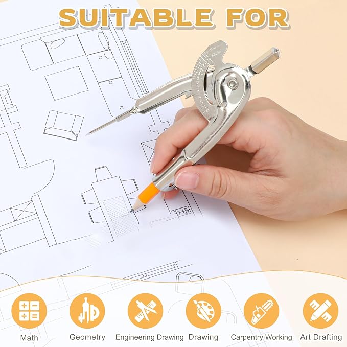 10 Pieces Compass for Geometry Metal Compass Tool Math Compass Bulk Drawing Compass Silver Geometry Compass with Pencil for Student School Classroom Office Woodworking Art Drawing