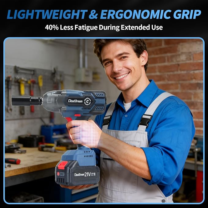 CloudDream 1200N.m Cordless Impact Wrench,Brushless Gun with 2 Batteries | 1/2 Inch Electric Impact Gun with Fast Charger,5 Sockets,Case for Car Tires,Mower,Pickup