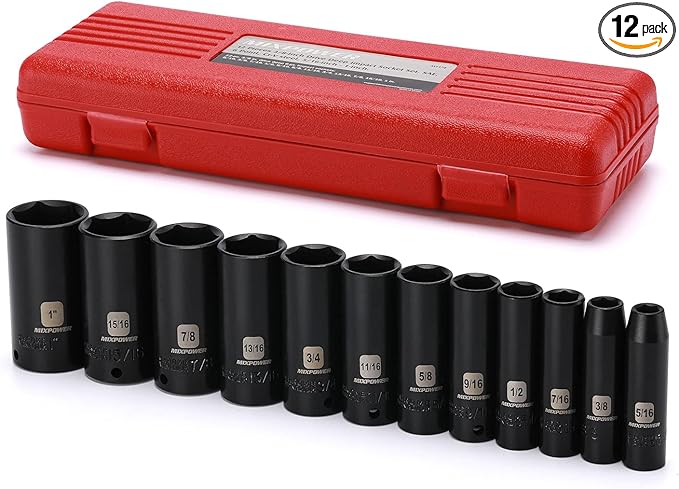 MIXPOWER 12 Pieces 3/8-Inch Drive Deep Impact Socket Set, 5/16 to 1 inch, CR-V, SAE, 6 Point, Deep, 12 Pieces 3/8" Dr. Socket