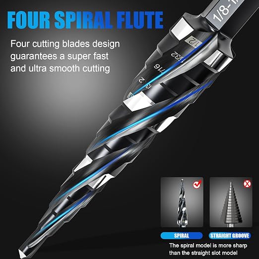M35 Four Spiral Flute Step Drill Bit Set 1/8"-1/2" （13 Sizes ）,1/4" Hex Shank Drill, Impact Resistant M35 HSS Unibit Step Drill bit for Stainless Steel, Wood, Aluminum, Plastic