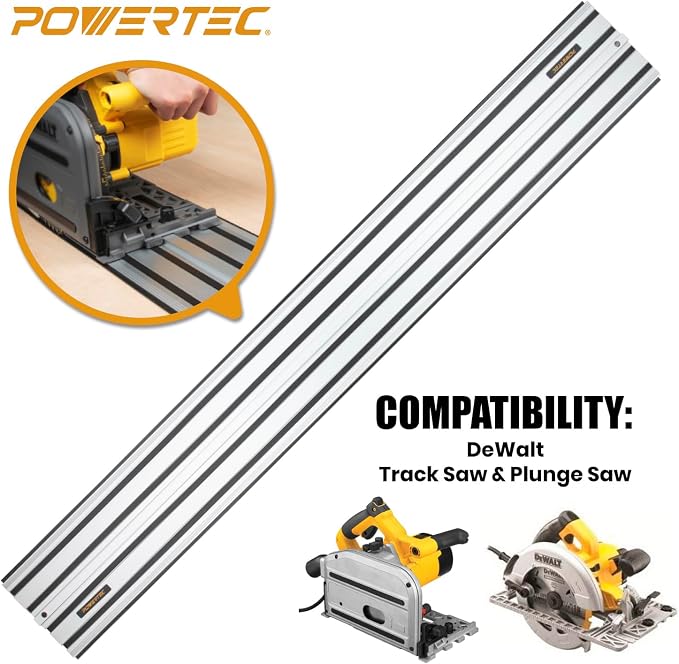 POWERTEC 110" Track Saw Guide Kit for DeWalt, Includes 2PK 55" Guide Rails, 1PK Guide Rail Connector, and 2PK 7" Track Saw Clamps (72059)