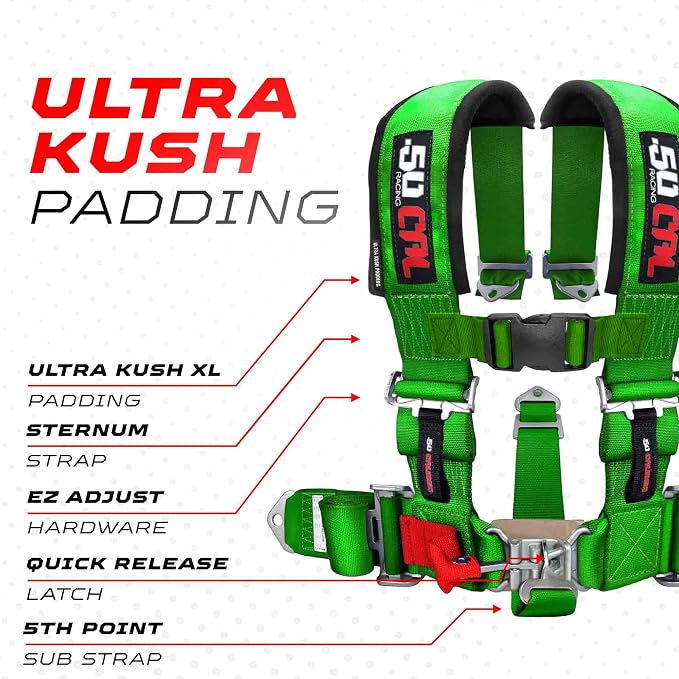 1pc 50 Cal Green 5 Point Harness w/ 2" straps, Racing Harness Seat Belt | Ultra Kush padding, Race latch quick release hardware. Universal Fit for UTV, RZR, race car. Part# 6009A1