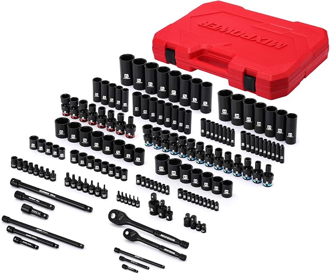 MIXPOWER 153 Pieces 1/4"&3/8"&1/2" Drive Mechanic Tool Set,Metric/SAE,6-Point,Deep and Shallow Sockets,Impact Universal Joint Swivel Sockets,Impact Socket Extension Bar