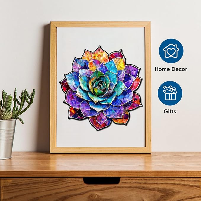 Delobil Stained Glass Succulent Wooden Puzzles for Adults, 200 Pieces Mandala Jigsaw Puzzles, Unique Shaped Medium Size Wood Puzzle Gift for Kids, Family Game 11.2'' x 11.4''