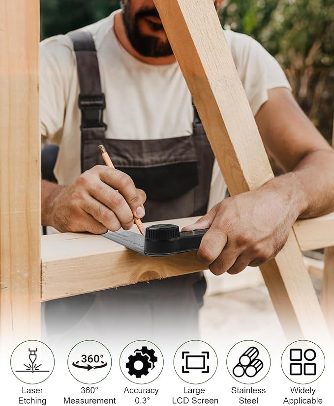 Digital Angle Finder Tool, Protractor Stainless Steel 7inch/200mm, 2 Batteries Angle Gauge Woodworking Tool for Carpenter Construction Diy Measuring