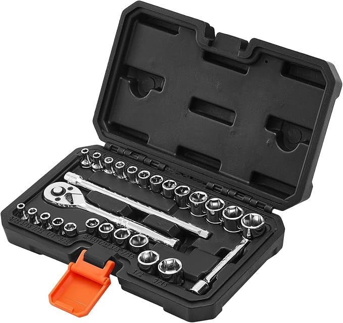 VEVOR Socket Set, 27 Pieces, 1/4 inch Drive Socket and Ratchet Set, SAE and Metric, Mechanic Tool Kit with Ratchet Wrench, Extension Bar and Storage Case, CR-V Alloy Steel, for Automotive Repair | Mechanic Tool Kit with Ratchet Wrench, Extension Bar an...