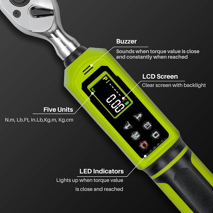Digital Torque Wrench 3/8"Drive-0.66-44.25Ft.Lb for Bike Motorcycle | Electronic Torque Wrench(0.9-60N.m), Vibration Buzzer LED Indicator, ±2% Accuracy 5 Units for Precision Parts Engine Repair