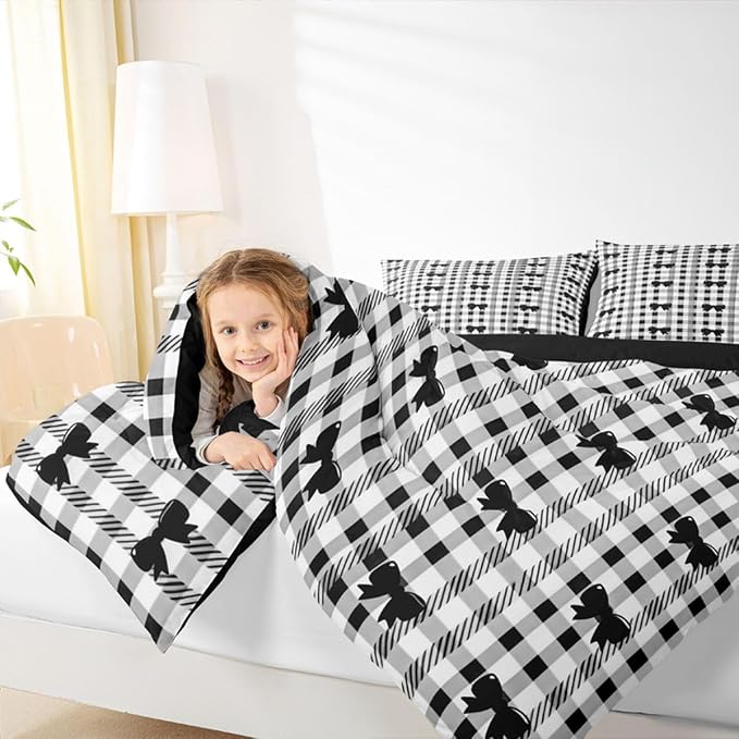 Feelyou Bow Checkered Comforter Set Full Size Chic Grid Bowknot Bedding Set for Kids Boys Girls Girly Black Duvet Quilt Bedroom Decor Microfiber 3 Pcs with 2 Pillow Cases